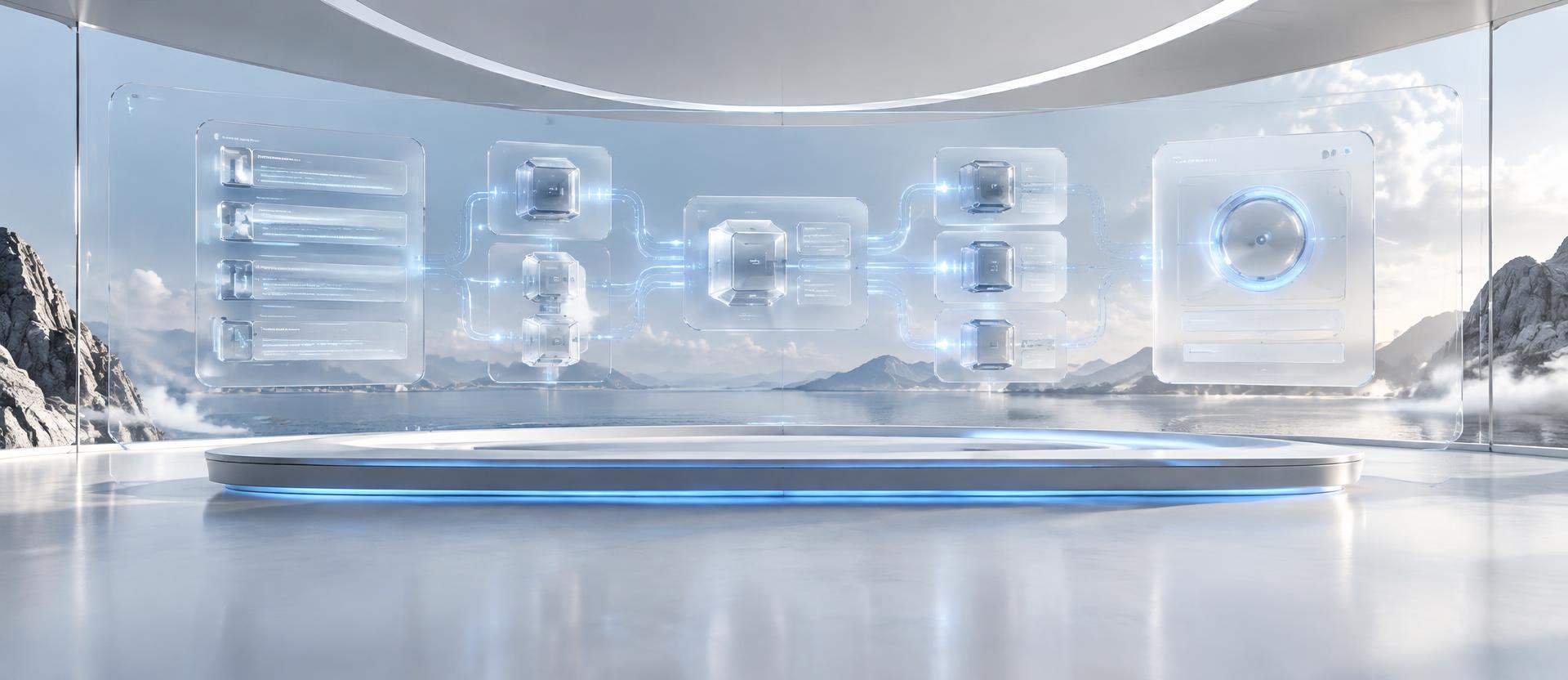 Wide cinematic glass control stage with floating translucent panels connected by luminous blue light traces