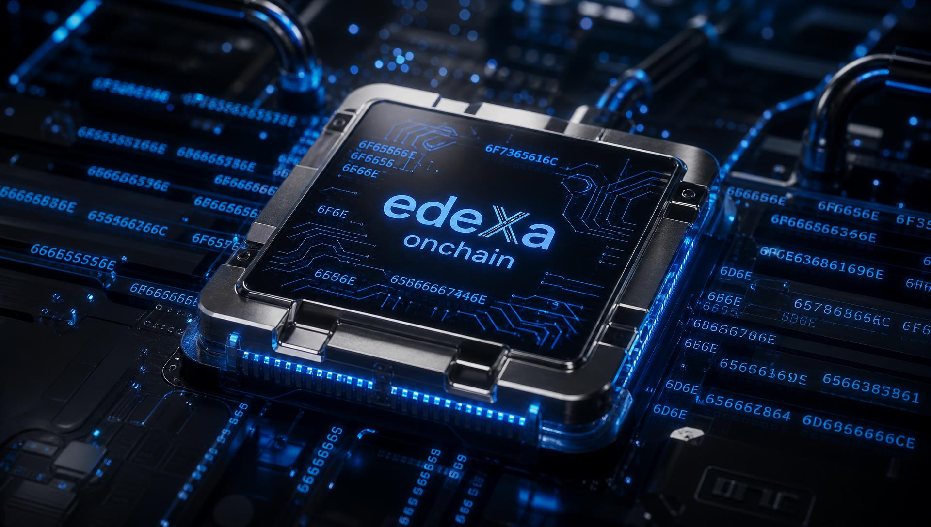 Macro view of a glowing blue processor module engraved with edeXa onchain, surrounded by streams of hash code