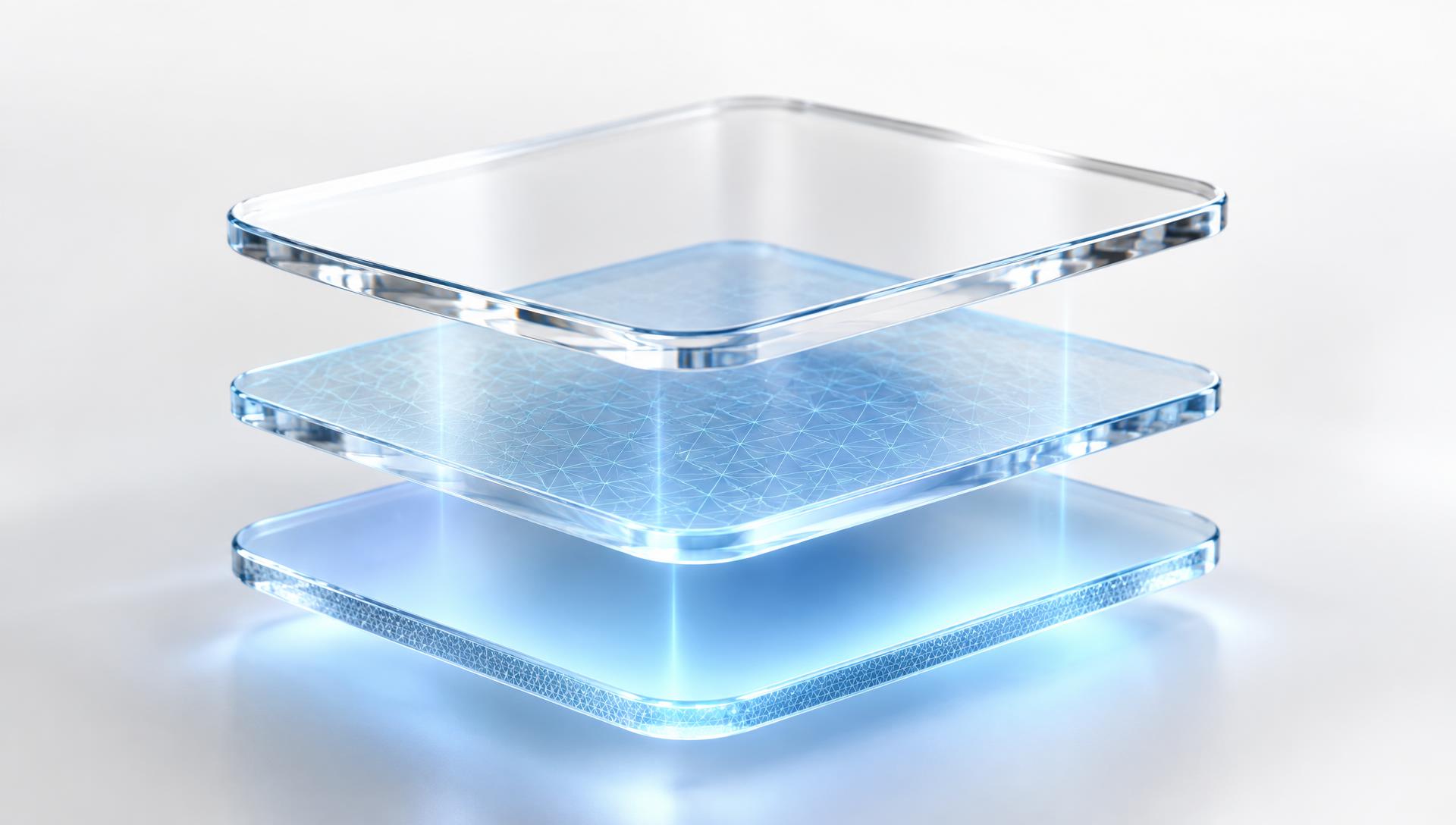 Three layers of translucent glass — the original document, its protected proof and the anchored digital twin — floating in bright light